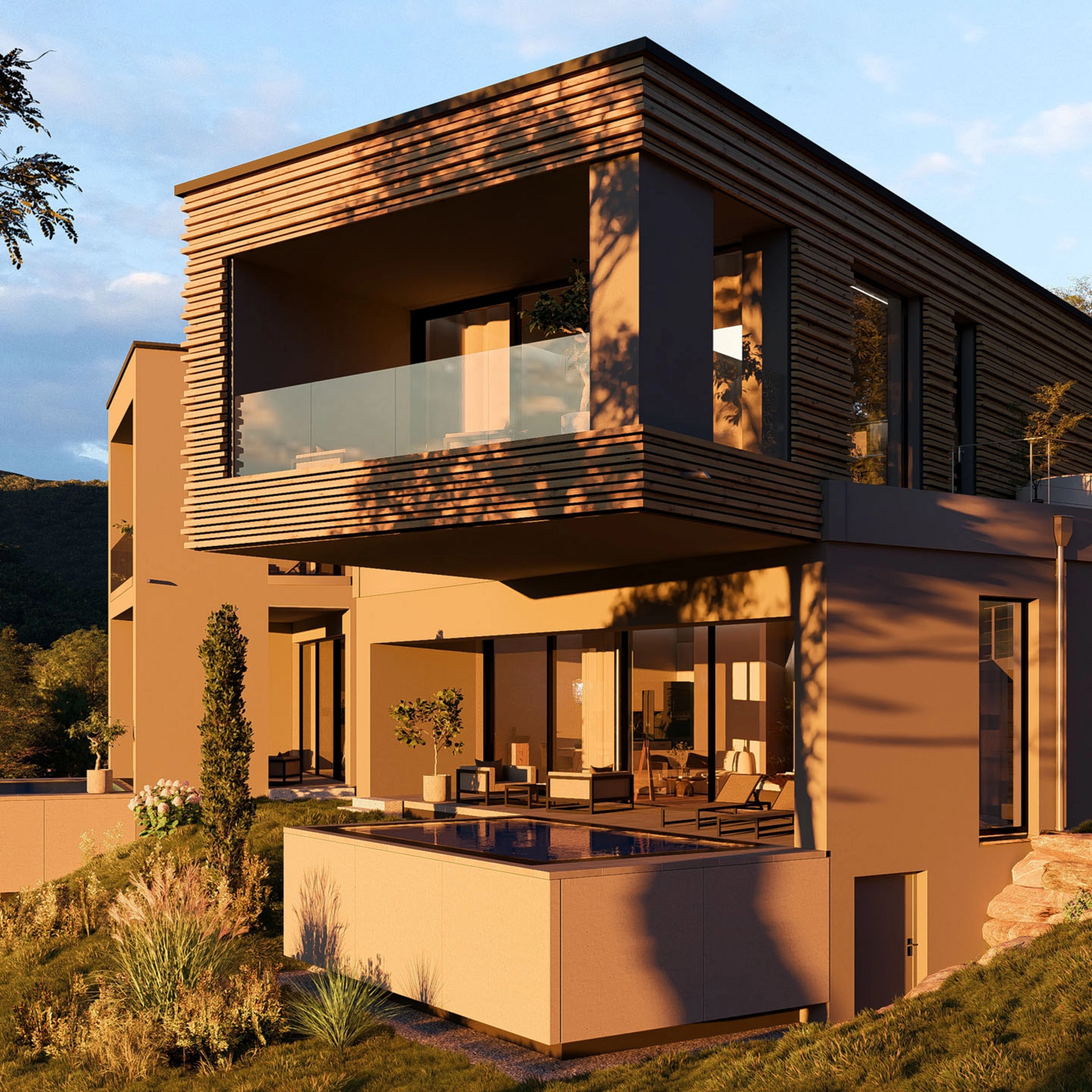 Cubea – privater Rückzugsort im Bayerischen Wald Moderner mehrstöckiger Hausbau mit Holzverkleidung und Terrasse am Hang