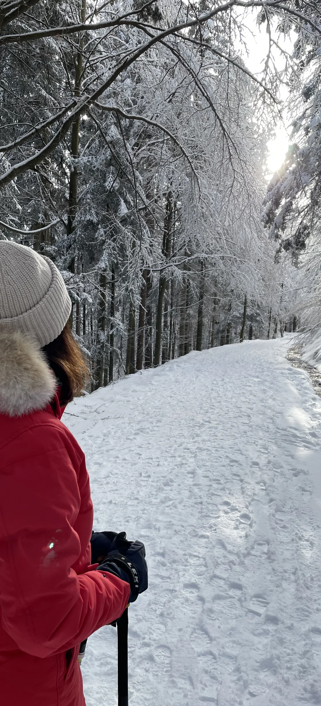 Cubea | Chalet-Apartments in Bodenmais für hohe Ansprüche Frau in rotem Mantel und Mütze wandert auf verschneitem Waldweg