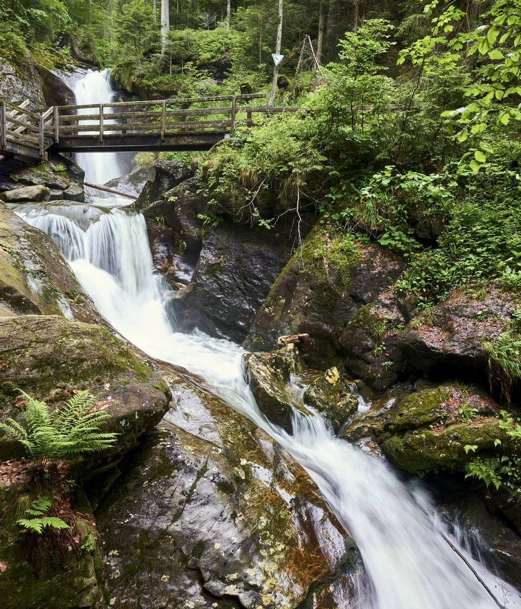 Cubea | Chalet-Apartments in Bodenmais für hohe Ansprüche Wasserfall mit Holzbrücke und grüner Waldlandschaft