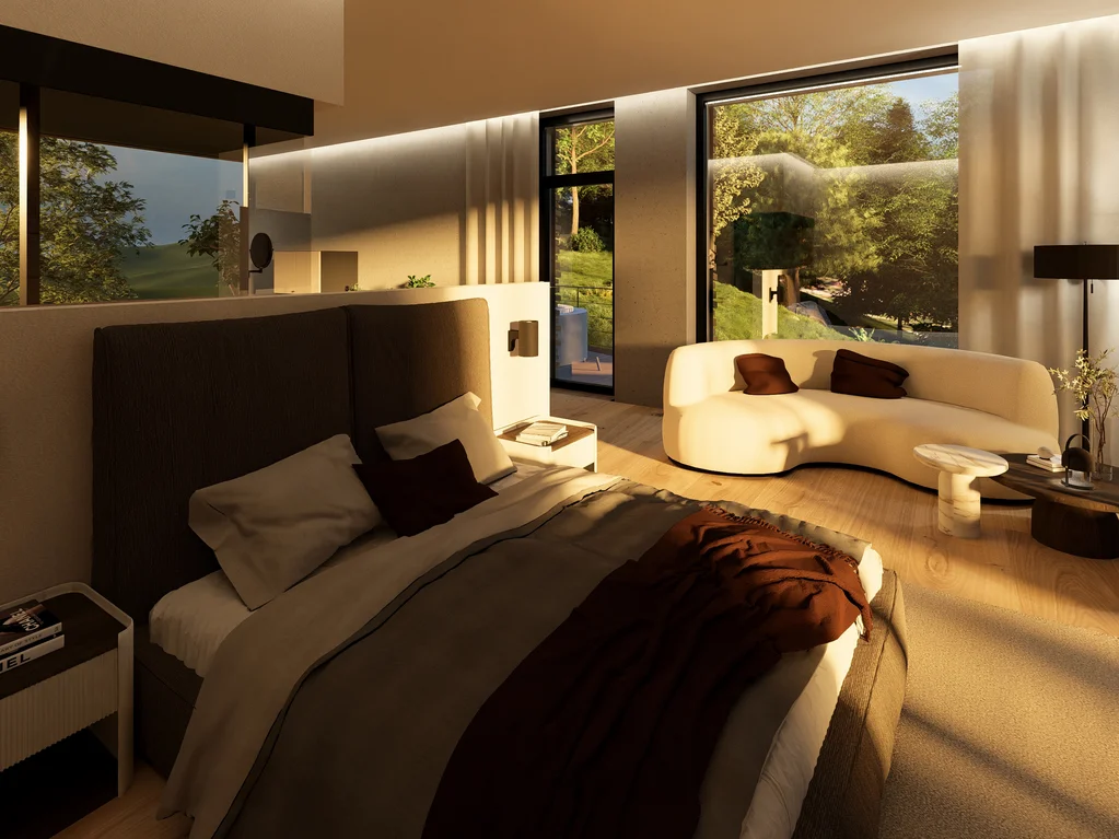 Wald 1 Modernes Schlafzimmer mit großem Bett und gemütlicher Sitzbank am Fenster