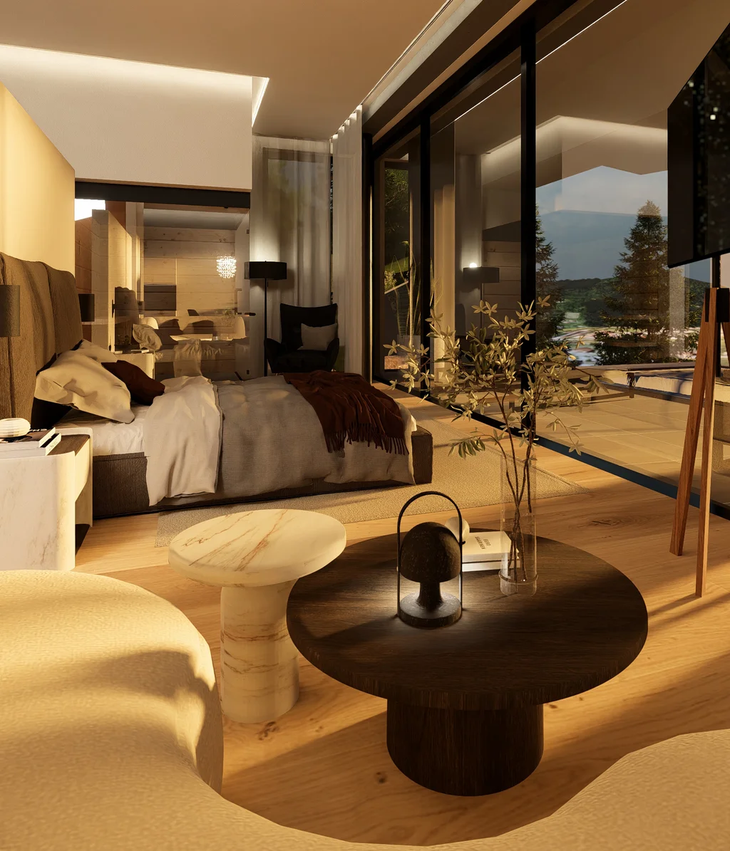 Cubea | Chalet-Apartments in Bodenmais für hohe Ansprüche Modernes Hotelzimmer mit großem Bett, Sitzbereich und Panoramafenstern