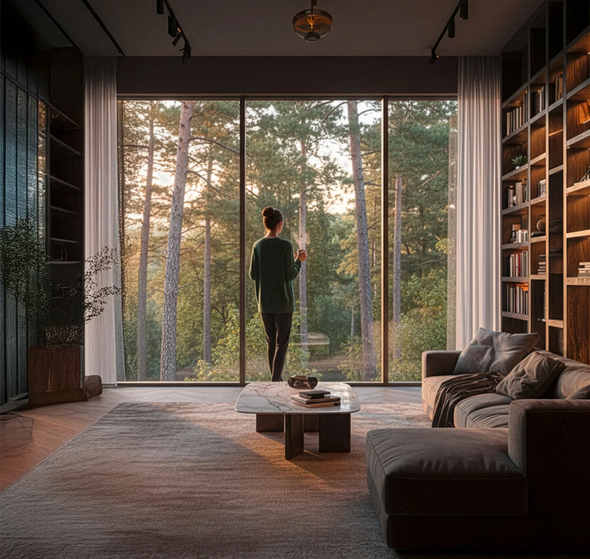 Cubea | Chalet-Apartments in Bodenmais für hohe Ansprüche Person blickt auf Wald durch große Glasfenster in modernem Wohnzimmer