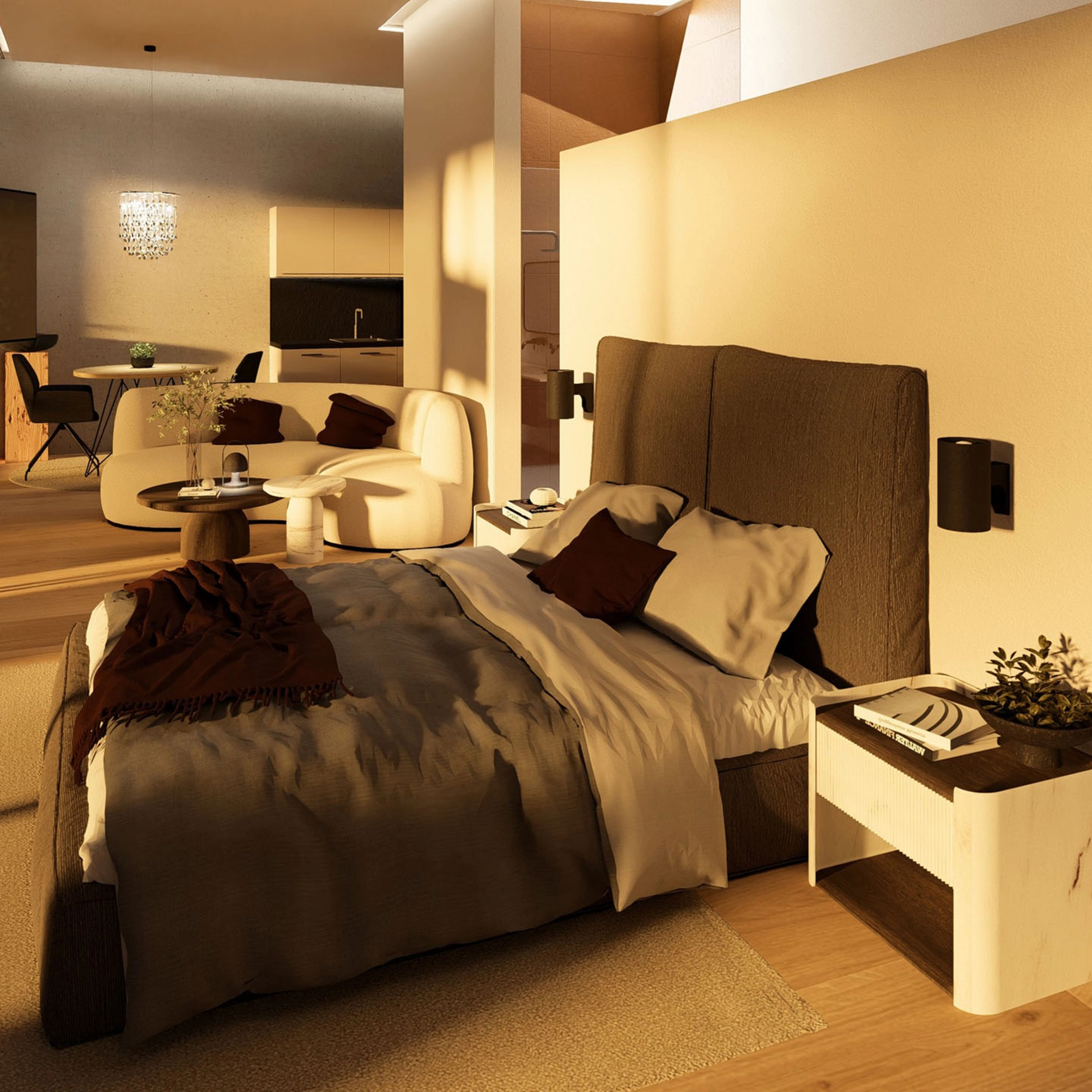 Cubea – privater Rückzugsort im Bayerischen Wald Modernes Schlafzimmer mit großem Bett, Sofa, Fernseher und Badezimmer