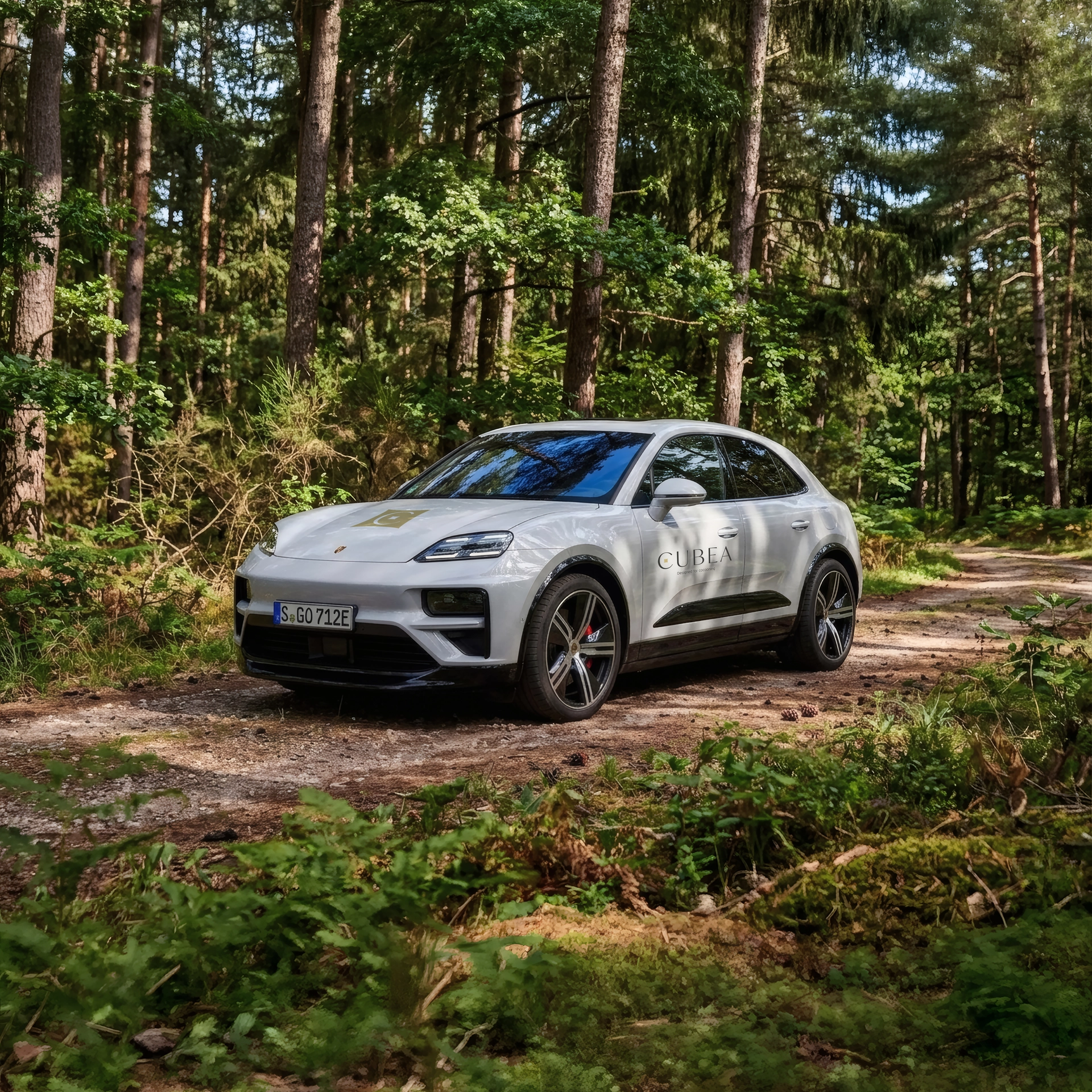 Cubea – privater Rückzugsort im Bayerischen Wald Weißer Porsche SUV steht auf Waldweg umgeben von Bäumen