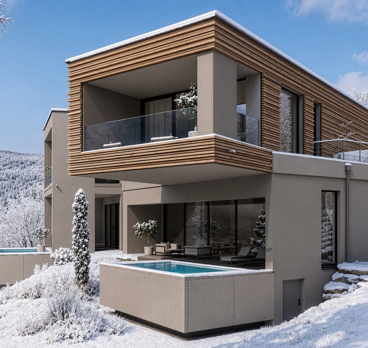 Cubea | Chalet-Apartments in Bodenmais für hohe Ansprüche Modernes Haus mit Holzverkleidung und Pool im verschneiten Winterwald