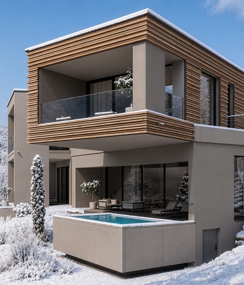 Cubea | Chalet-Apartments in Bodenmais für hohe Ansprüche Modernes Haus mit Holzverkleidung und Pool im verschneiten Winterwald
