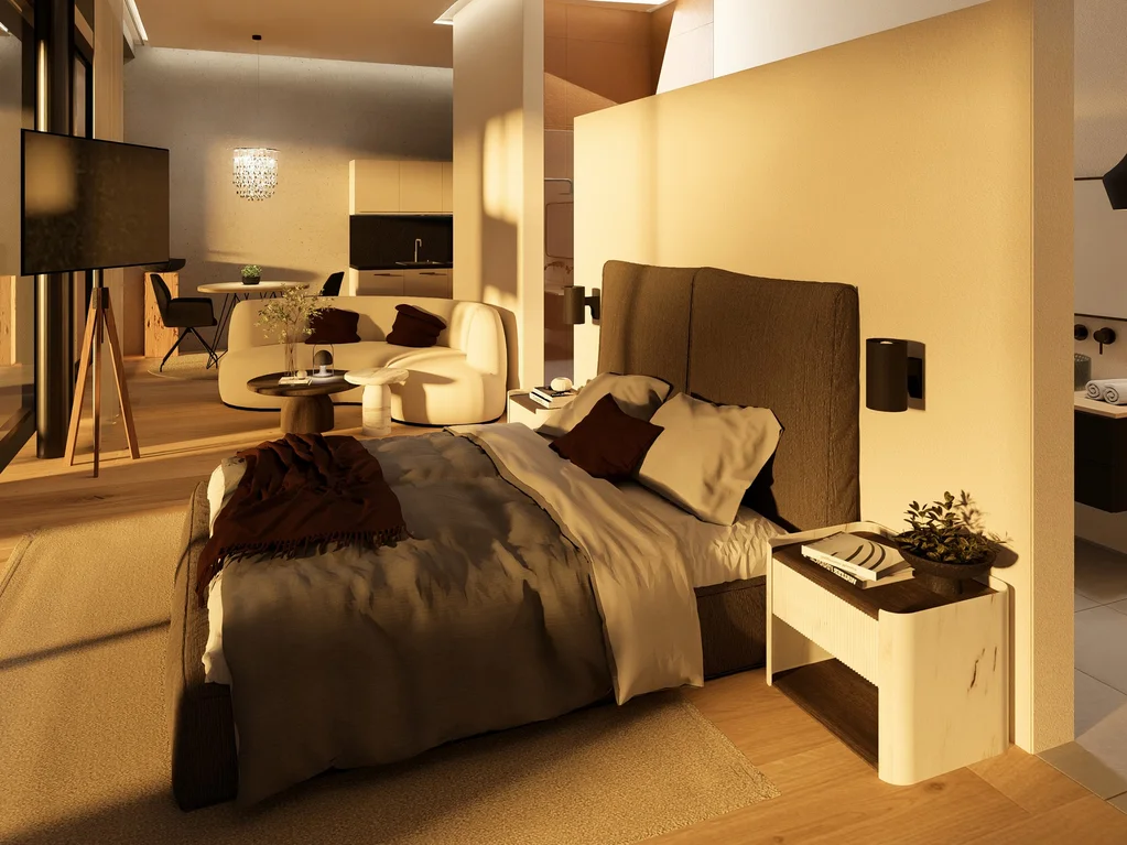 Wald 2 Modernes Hotelzimmer mit Doppelbett, Sitzecke und Fernseher