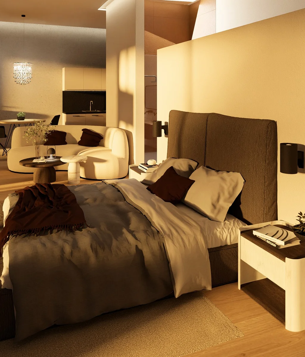 Cubea | Chalet-Apartments in Bodenmais für hohe Ansprüche Modernes Hotelzimmer mit Doppelbett, Sitzecke und Fernseher