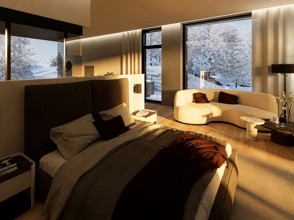 Wald 1 Modernes Schlafzimmer mit großem Bett und Blick auf verschneite Landschaft