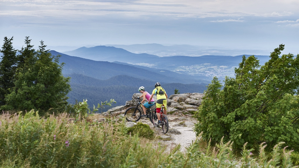 Cubea – privater Rückzugsort im Bayerischen Wald Zwei Mountainbiker auf Bergweg mit Blick auf Berge und Tal